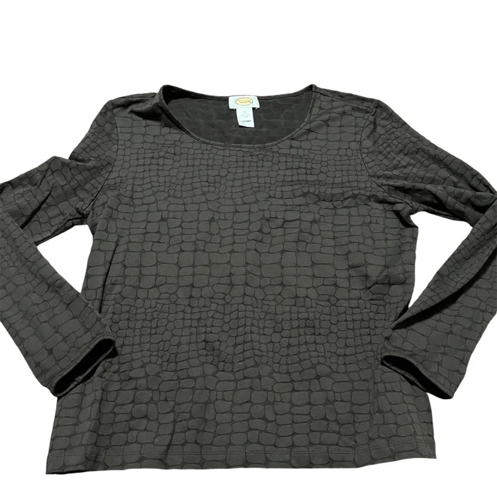 Talbots Size Xl Crocodile Jacquard Stretch Scoop Neck Long Sleeve Black Animal